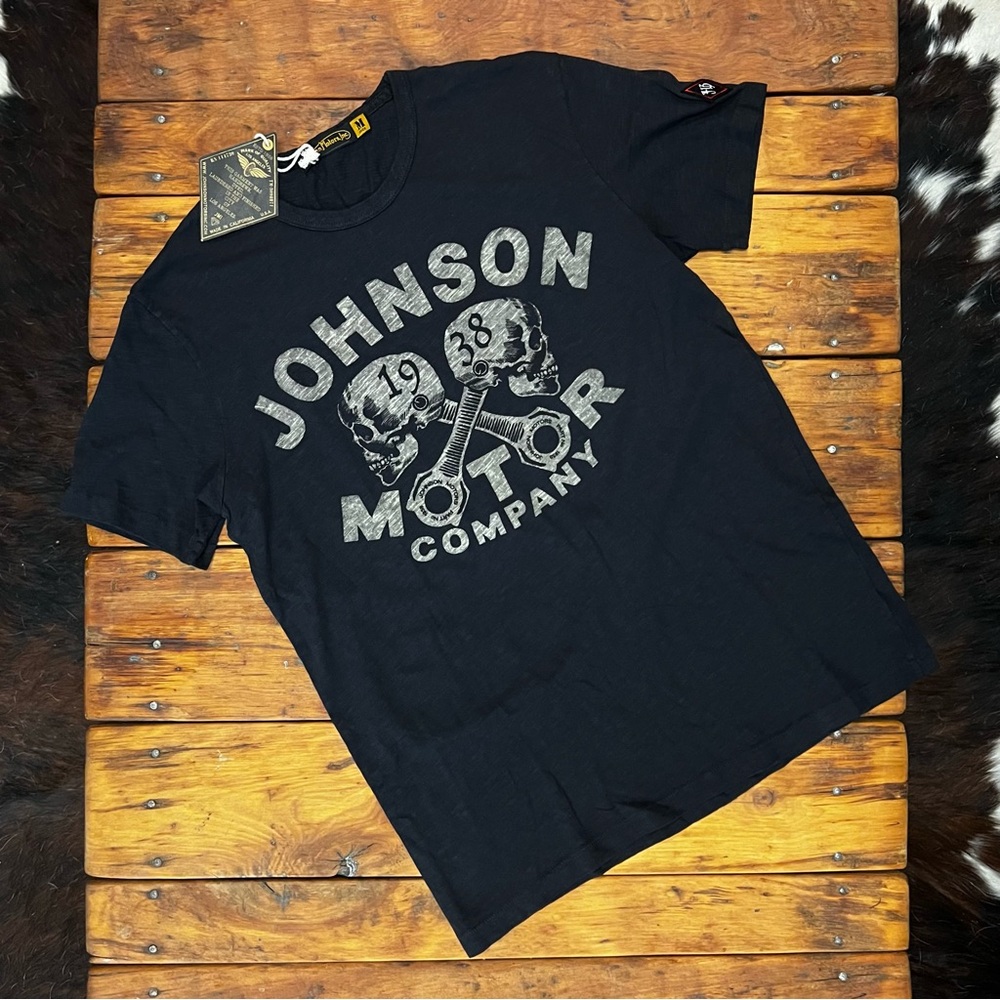 Johnson Motors “Skulls 1938” vintage slub moto tee. NWT